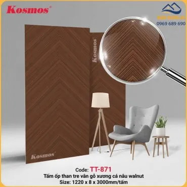 Tấm Ốp Tường Sợi Than Tre Vân Gỗ Xương Cá Nâu Kosmos TT-871