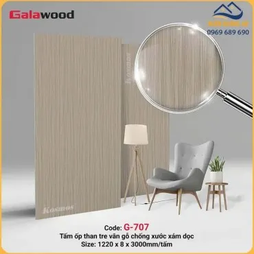 Tấm Ốp Tường Than Tre Galawood 8mm G-707 Vân Gỗ Chống Xước Xám Dọc