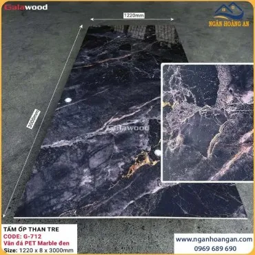 Ốp Tường Than Tre Galawood 8mm G-712 Vân Đá PET Marble Đen