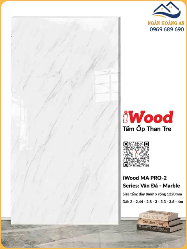 Tấm Ốp Tường Than Tre iWood 8mm MA PRO-2 Vân Đá Trắng Bạc