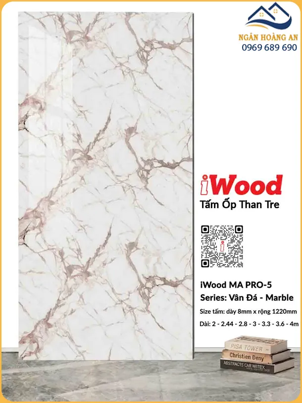 Tấm Ốp Tường Than Tre iWood 8mm MA PRO-5 Vân Trắng Nâu Hồng
