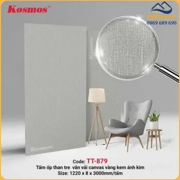Tấm Ốp Tường Than Tre Kosmos TT-879 Vân Vải Canvas Vàng Kem Ánh Kim