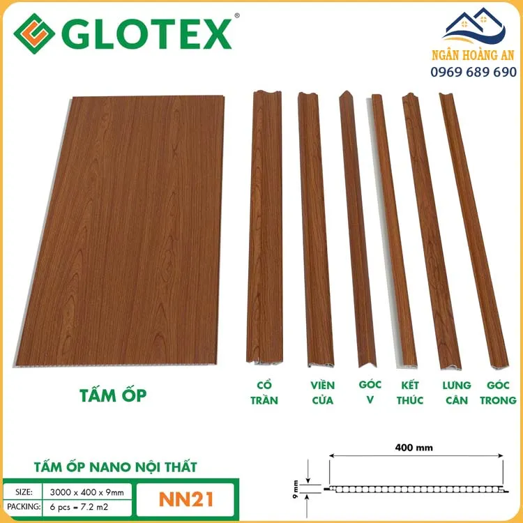 Tấm Ốp Tường Trần Nano Glotex 9mm NN21 Vân Gỗ Hương Nâu Cánh Gián