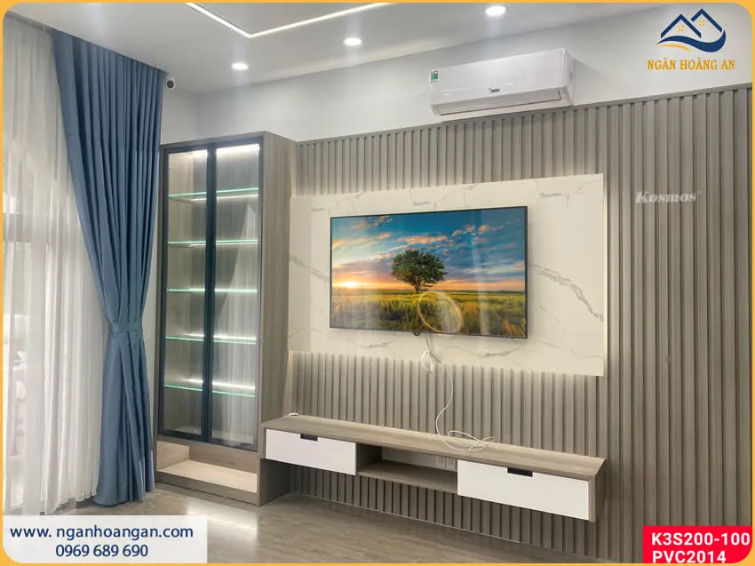 Trang Trí Vách Tivi Bằng Lam Sóng Và PVC Giả Đá