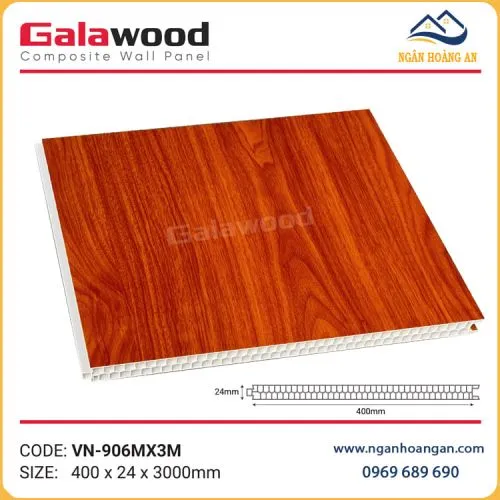 Vách Ngăn Nhựa 2 Mặt Galawood 24mm VN-906MX3M Vân Gỗ Đỏ Cam