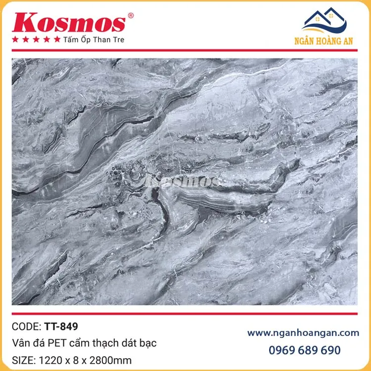 Tấm Ốp Than Tre Vân Đá PET Cẩm Thạch Dát Bạc Kosmos TT-849