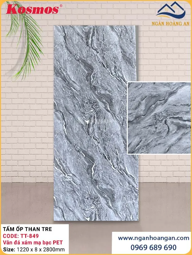 Tấm Ốp Than Tre Vân Đá PET Cẩm Thạch Dát Bạc Kosmos TT-849 Tấm Ốp Than Tre Vân Đá PET Cẩm Thạch Dát Bạc Kosmos TT-849