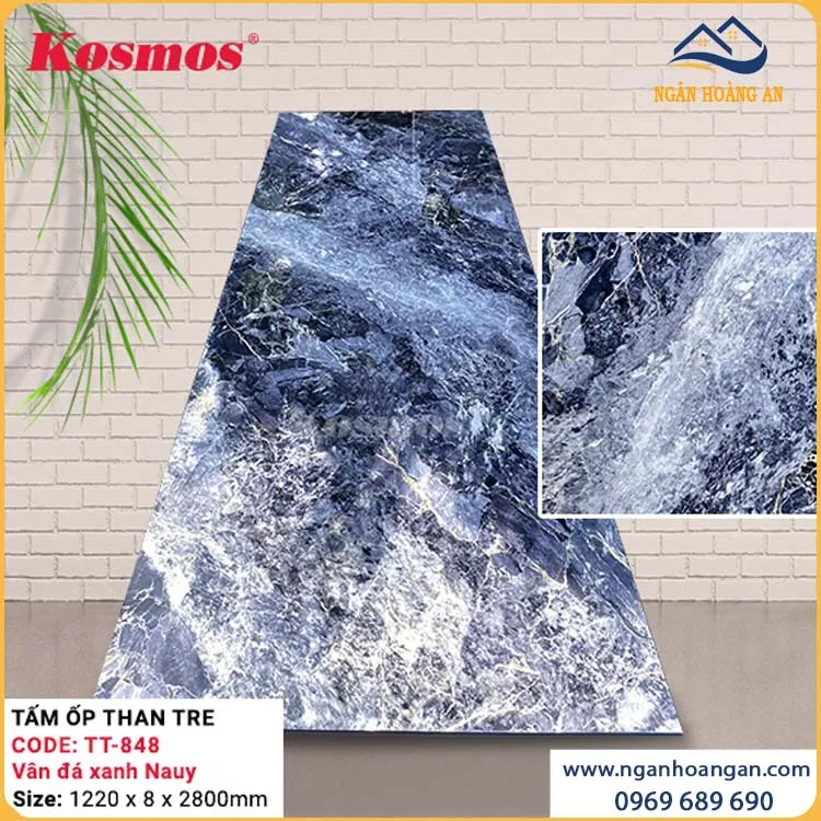 Tấm Ốp Than Tre Kosmos TT-848 Vân Đá PET Cẩm Thạch Tím Xanh
