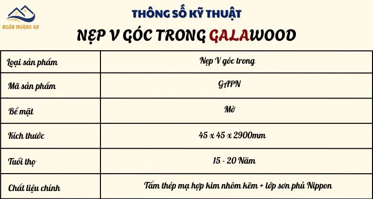Bảng Thông Số Kỹ Thuật Của Nẹp V Góc Trong Galawood