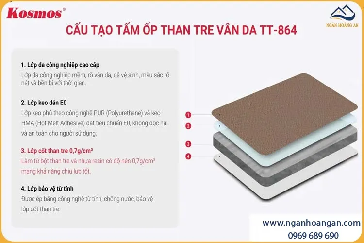 Cấu Tạo Ốp Tường Tấm Than Tre Vân Da Nâu Nhạt Kosmos TT-864 