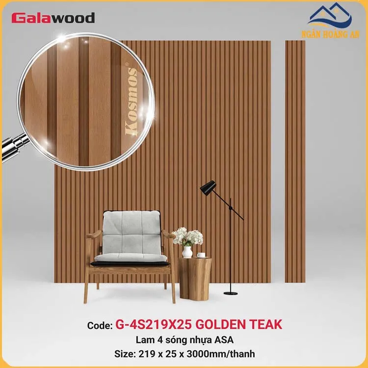 Lam 4 Sóng Gỗ Nhựa Phủ ASA Galawood G-4S219X25 Golden Teak Lam 4 Sóng Gỗ Nhựa Phủ ASA Galawood G-4S219X25 Golden Teak