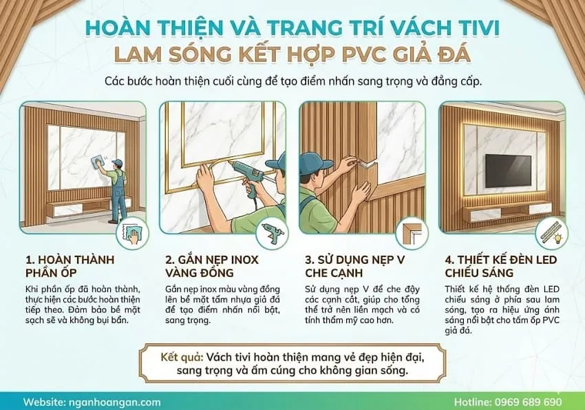 Hoàn Thiện Và Trang Trí Vách Tivi Lam Sóng Kết Hợp PVC Giả Đá