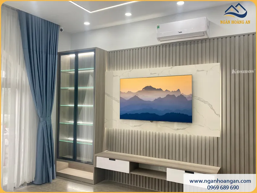 Lam Sóng Và PVC Giả Đá Ốp Vách Tivi Sang Trọng Hiện Đại