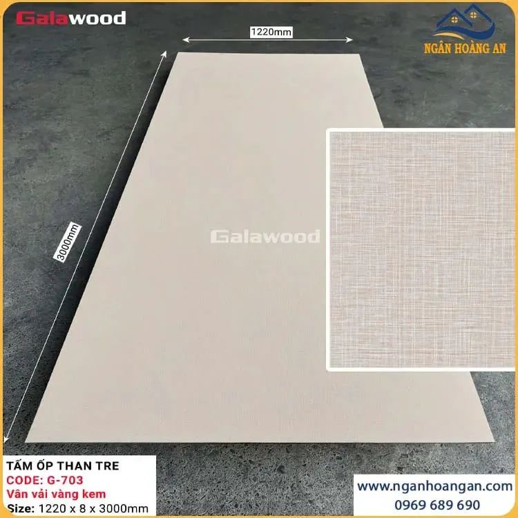 Tấm Ốp Tường Sợi Than Tre Galawood 8mm G-703 Vân Vải Vàng Kem
