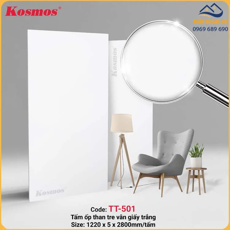 Tấm Ốp Sợi Than Tre Vân Giấy Trắng Kosmos TT-501 Dày 5mm Tấm Ốp Sợi Than Tre Vân Giấy Trắng Kosmos TT-501 Dày 5mm