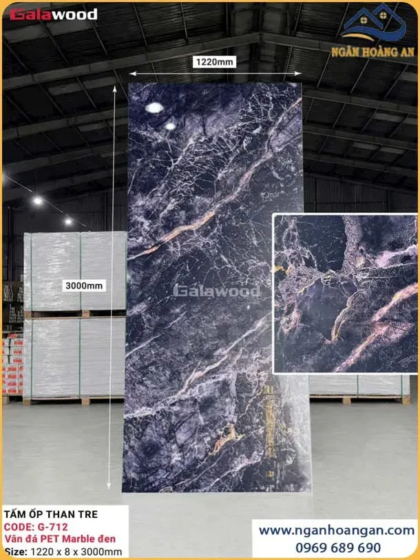 Tấm Ốp Than Tre Galawood 8mm G-712 Vân Đá PET Marble Đen Tấm Ốp Than Tre Galawood 8mm G-712 Vân Đá PET Marble Đen