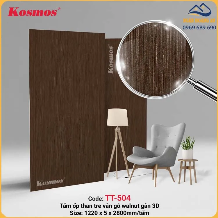 Tấm Ốp Than Tre Kosmos TT-504 Vân Gỗ Walnut 3D Dày 5mm