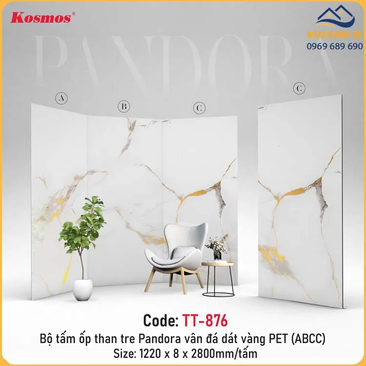 Tấm Ốp Than Tre Pandora Vân Đá Dát Vàng PET Kosmos TT-876 Tấm Ốp Than Tre Pandora Vân Đá Dát Vàng PET Kosmos TT-876