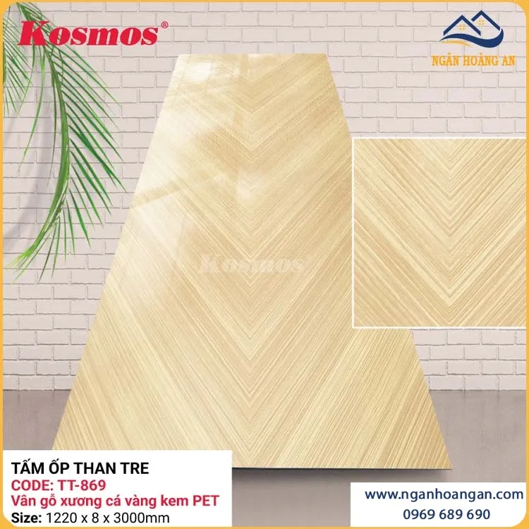 Tấm Than Tre Vân Gỗ Xương Cá Vàng Kem PET Kosmos TT-869