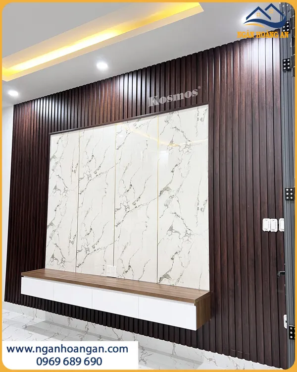 Ốp Vách Tivi Bằng Lam Sóng Và PVC Giả Đá Chống Trầy Xước