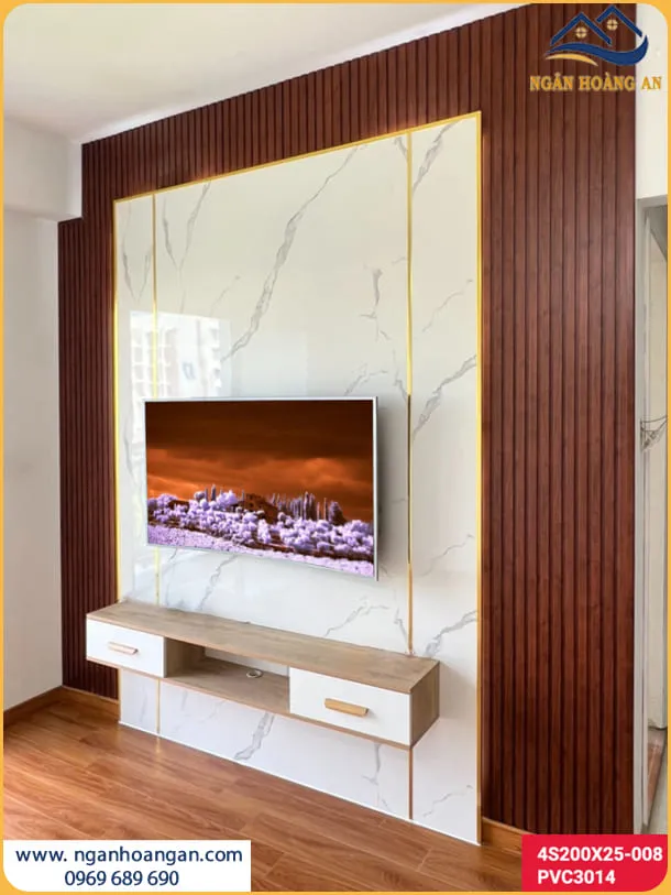 Ốp Vách Tivi Bằng Tấm Lam Sóng Nhựa Giả Gỗ Đốc Đáo