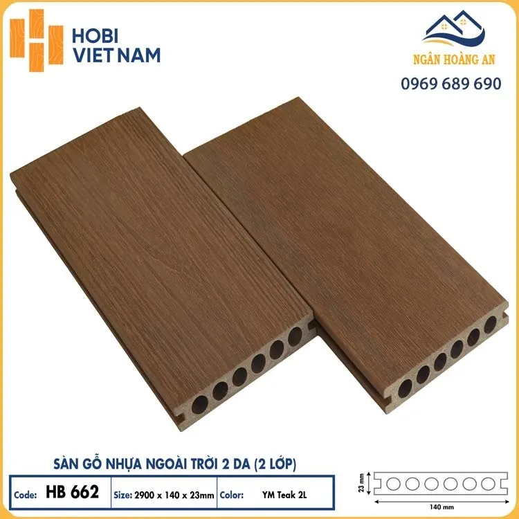 Sàn Gỗ Nhựa Lỗ Tròn 2 Da Ngoài Trời Hobiwood HB662 YM Teak