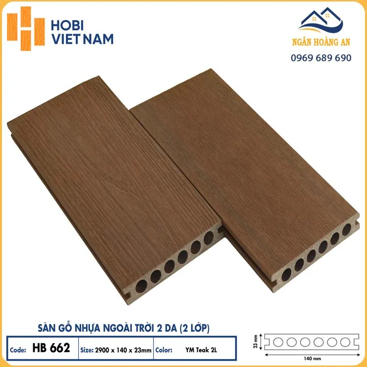 Sàn Gỗ Nhựa Lỗ Tròn 2 Lớp Phủ Polymer Hobiwood HB662 YM Teak