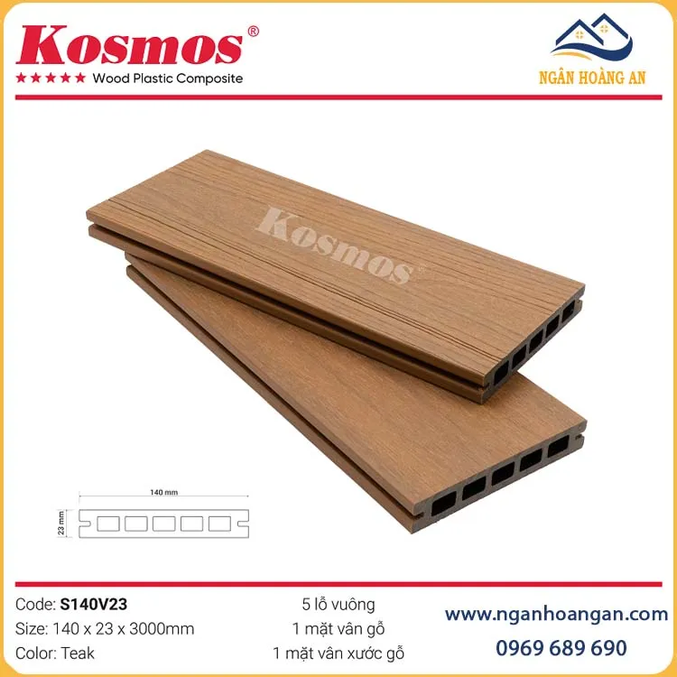 Sàn Gỗ Nhựa Lỗ Vuông 2 Da Ngoài Trời Kosmos S140V23 Teak