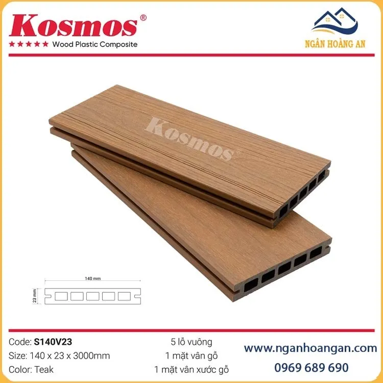 Sàn Gỗ Nhựa Lỗ Vuông 2 Lớp Phủ Polymer Kosmos S140V23 Teak