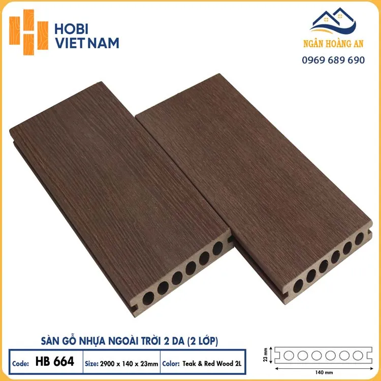 Sàn Gỗ Nhựa Ngoài Trời 2 Da Lỗ Tròn Hobiwood HB664 Teak & Red Wood