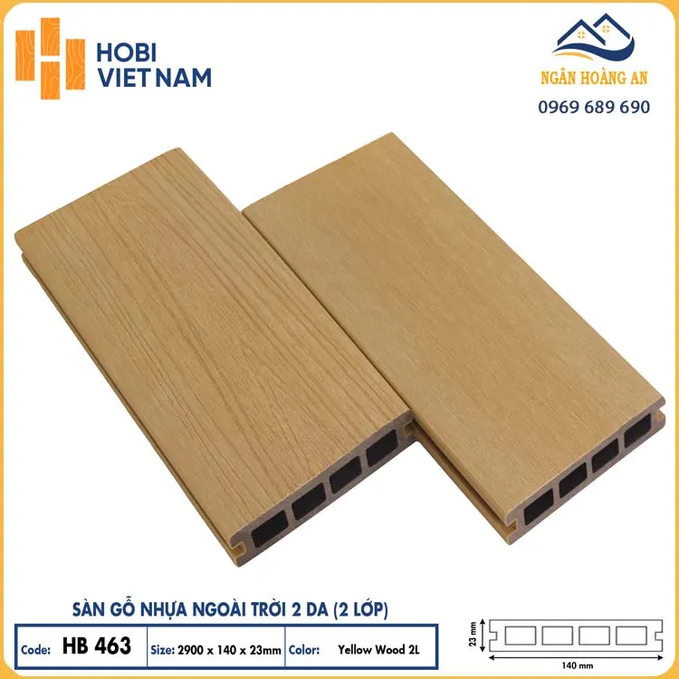 Sàn Gỗ Nhựa Ngoài Trời 2 Da Lỗ Vuông Hobiwood HB463 Yellow Wood