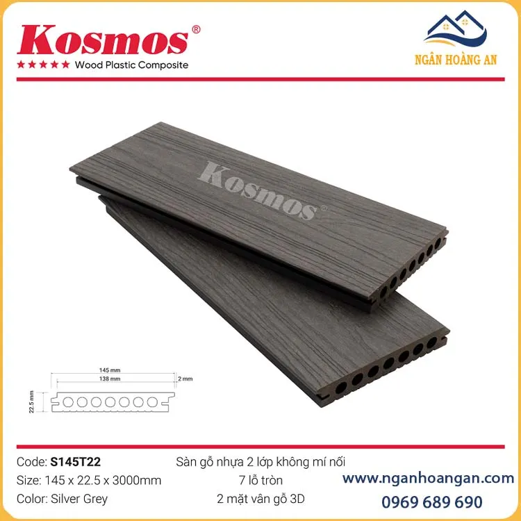 Sàn Gỗ Nhựa Ngoài Trời Lỗ Tròn 2 Da Kosmos S145T22 Silver Grey