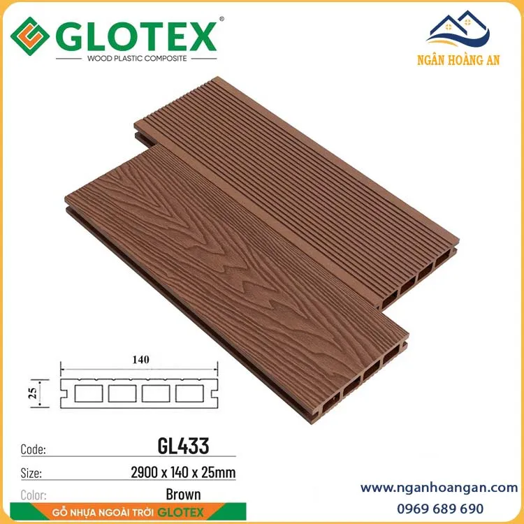 Sàn Gỗ Nhựa Ngoài Trời Lỗ Vuông Glotex GL433 Brown