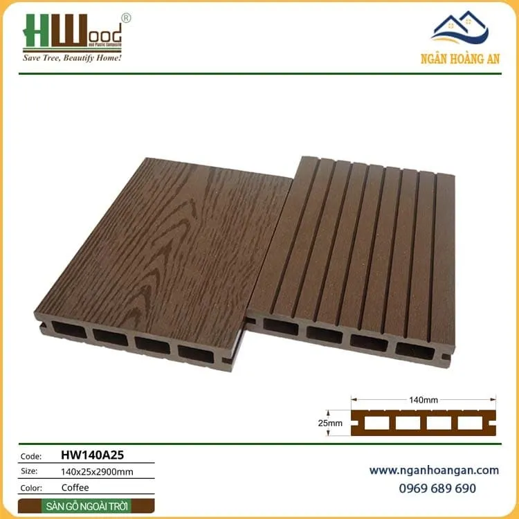 Sàn Gỗ Nhựa Ngoài Trời Lỗ Vuông Hwood HW140A25 - Coffee