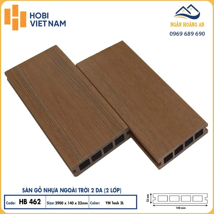 Sàn Lỗ Vuông Gỗ Nhựa 2 Lớp Phủ Polymer Hobiwood HB462 YM Teak