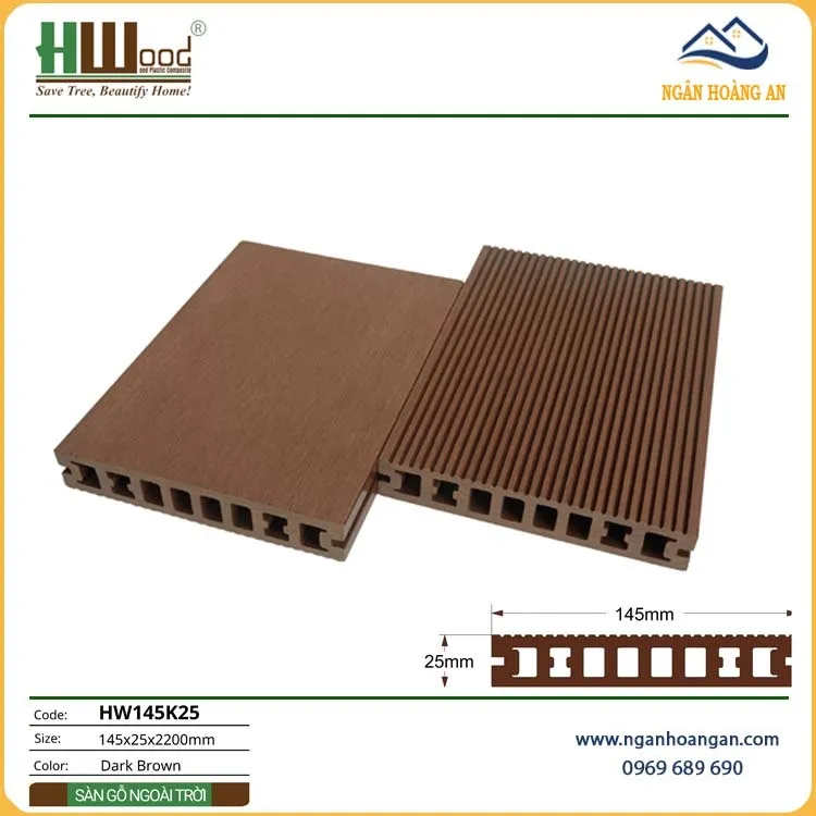 Sàn Sân Thương Gỗ Nhựa Ngoài Trời Hwood HW145K25-Dark Brown
