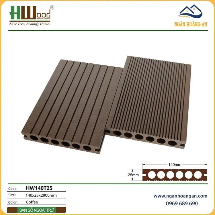 Sàn Sân Thượng Gỗ Nhựa Ngoài Trời Lỗ Tròn Hwood HW140T25 Coffee