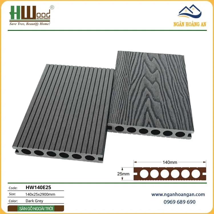 Sàn Sân Vườn Gỗ Nhựa Ngoài Trời Lỗ Tròn Hwood HW140E25 Dark Grey