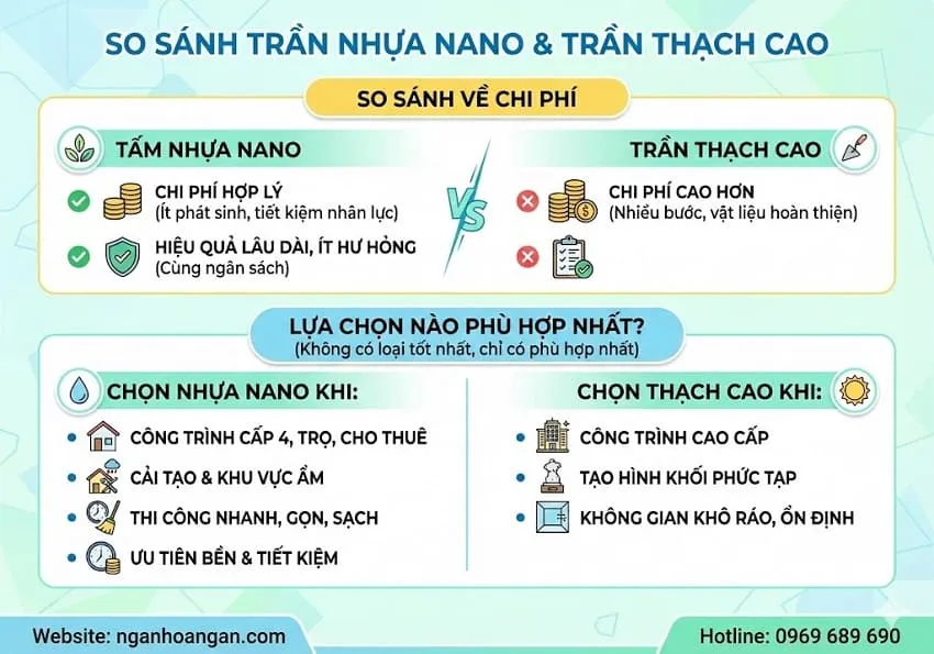 So Sánh Về Thi Công Và Thời Gian Hoàn Thiện Trần Nano Nhựa Và Thạch Cao