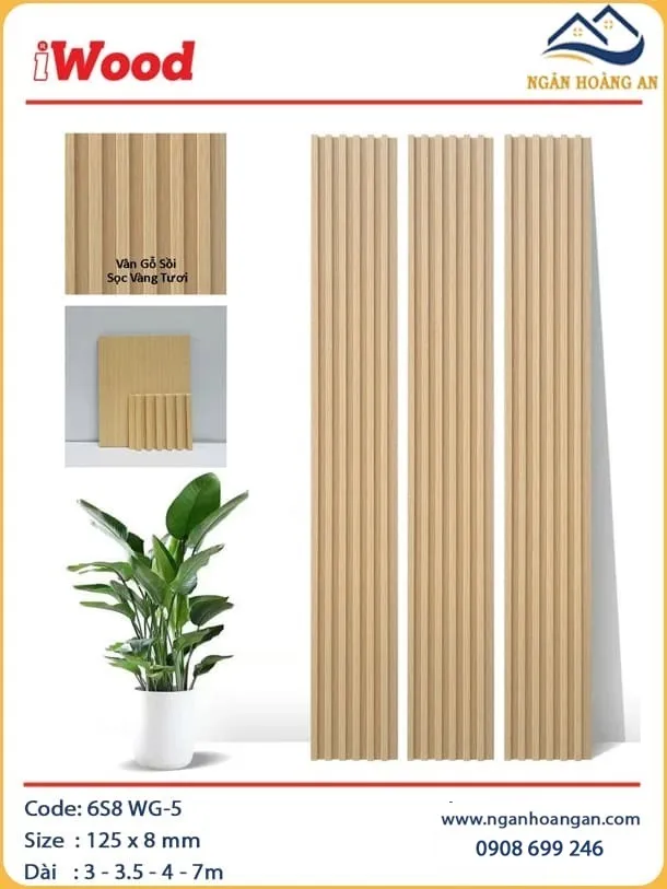Ốp Trần Lam Sóng Than Tre Vân Gỗ Sồi Sọc Vàng Tươi iWood 6S8 WG-5
