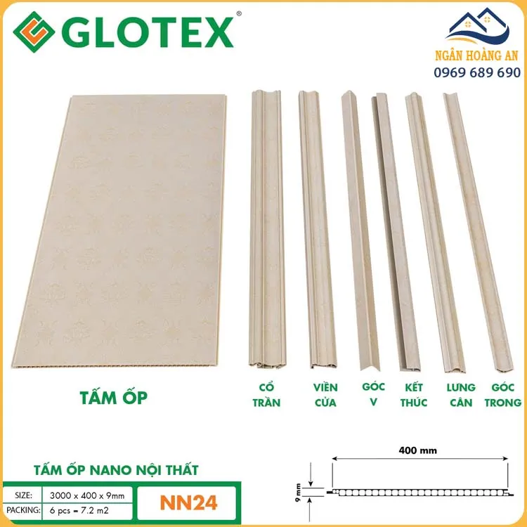 Tấm Nano Ốp Tường 9mm Glotex NN24 Hoa Văn Cổ Điển Vàng Kem