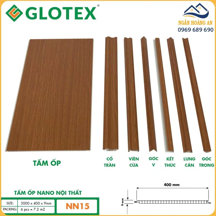 Tấm Nano Ốp Tường Glotex 9mm NN15 Vân Gỗ Teak Nâu Vàng