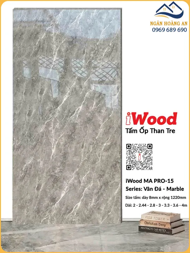 Tấm Than Tre Ốp Tường iWood 8mm MA PRO-15 Vân Đá Xám Nâu Trắng