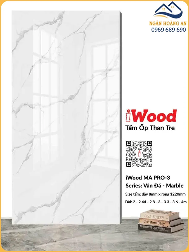 Tấm Than Tre Ốp Tường iWood 8mm MA PRO-3 Vân Trắng Xám Nhạt