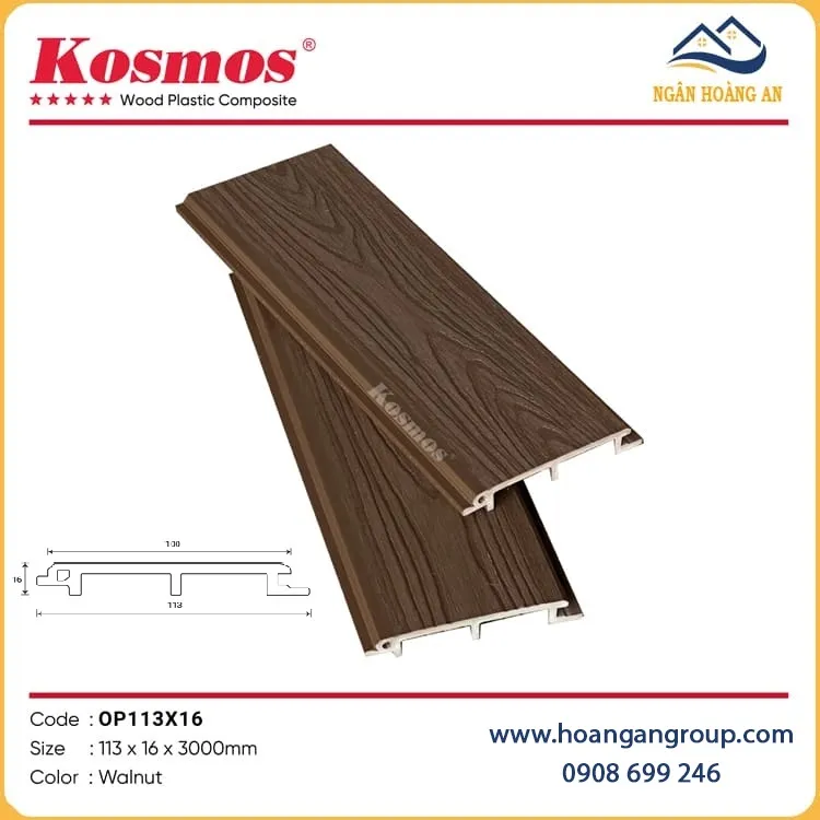 Tấm Ốp Gỗ Nhựa Ngoài Trời Phủ ASA Kosmos OP113X16 Walnut