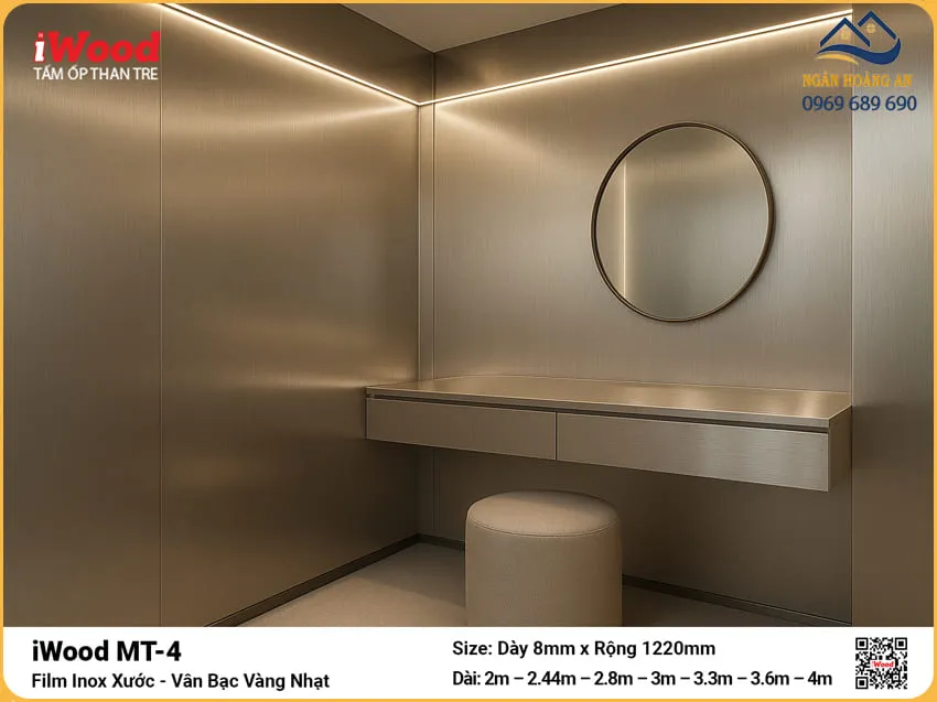 Tấm Ốp iWood MT-4 Inox Xước Bạc Vàng Nhạt Ốp Tường