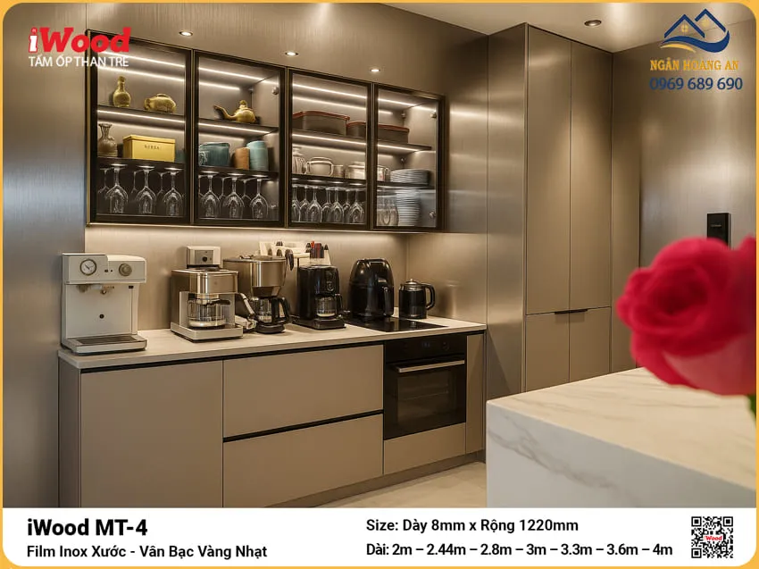 Tấm Ốp iWood MT-4 Inox Xước Vàng Nhạt Ốp Nhà Bếp