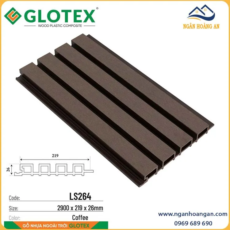 Tấm Ốp Lam Sóng Gỗ Nhựa Ngoài Trời Glotex LS264 Coffee
