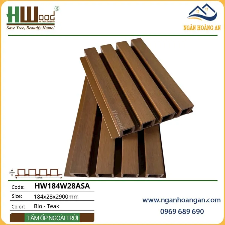 Tấm Ốp Lam Sóng Gỗ Nhựa Ngoài Trời Phủ ASA Hwood HW184W28ASA Bio-Teak