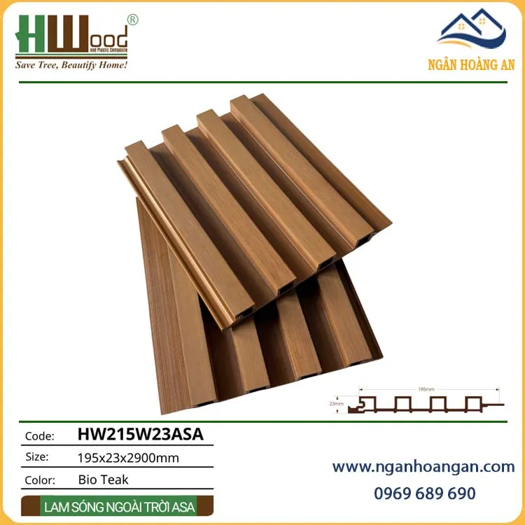 Tấm Ốp Lam Sóng Gỗ Nhựa Ngoài Trời Phủ ASA Hwood HW215W23ASA Bio-Teak